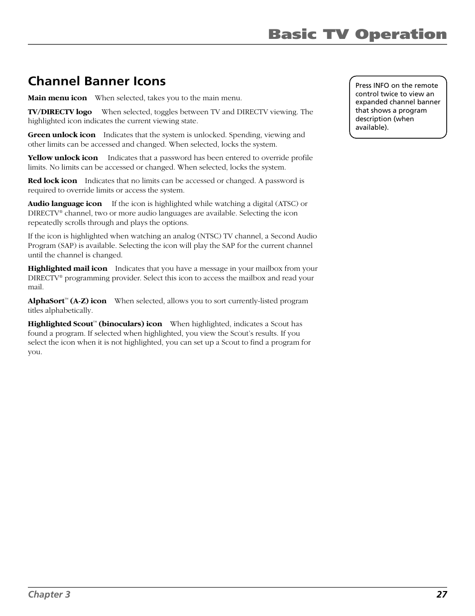 Audio language icon, Binocular icon, Icons | The system, Icon, Scout, Basic tv operation, Channel banner icons | DirecTV HD65W20 User Manual | Page 31 / 100