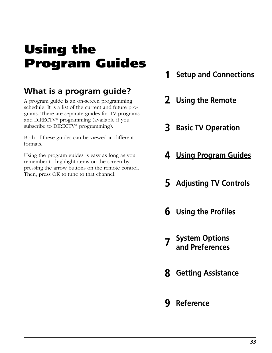 Using the program guides | DirecTV HD65W20 User Manual | Page 37 / 100