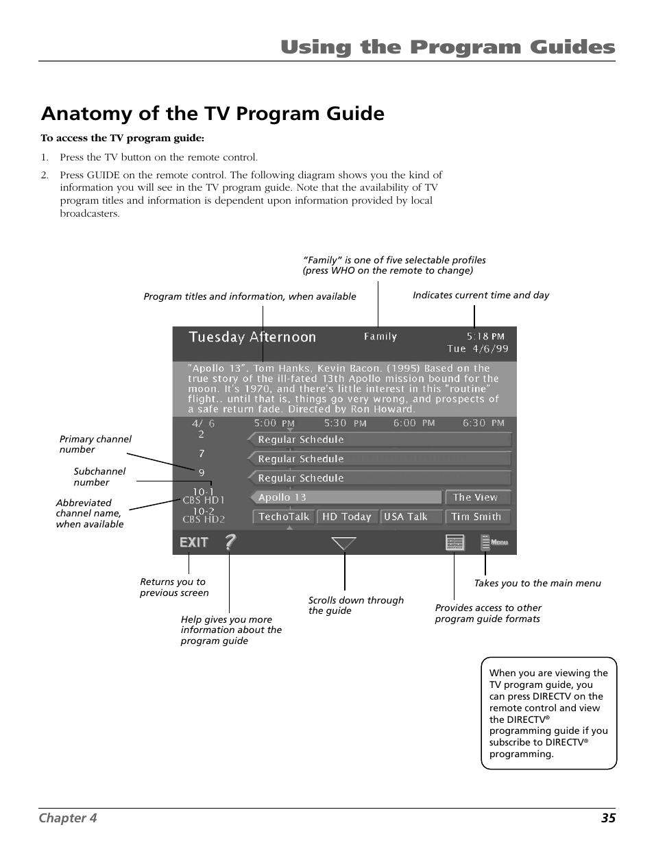 Anatomy of the tv program guide, Subchannel number, Using the program guides | DirecTV HD65W20 User Manual | Page 39 / 100