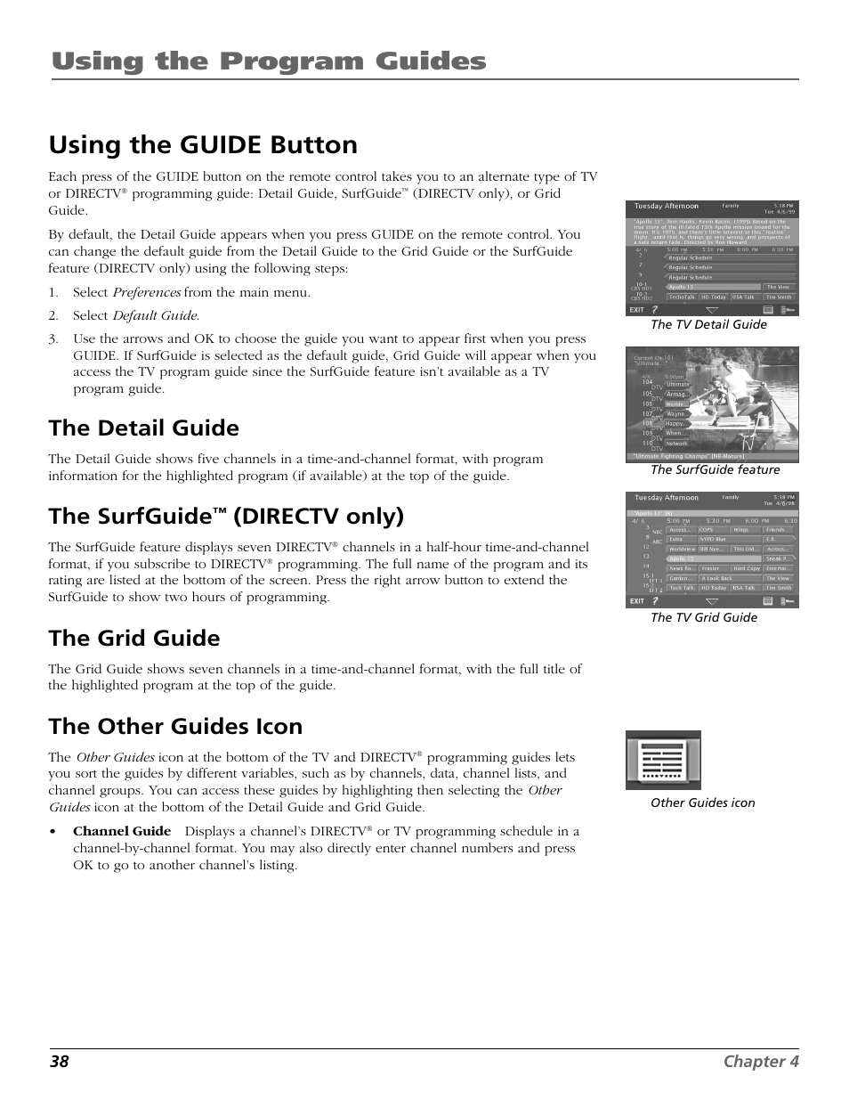 Using the guide button, Default guide, Detail guide | Grid guide, Data, Icon, Surfguide, Using the program guides, The detail guide, The surfguide | DirecTV HD65W20 User Manual | Page 42 / 100