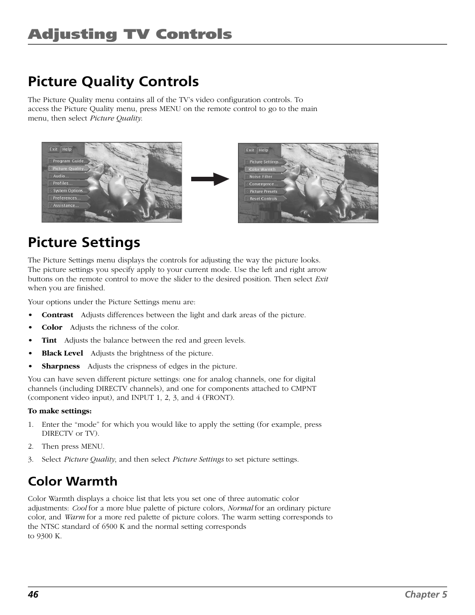 Picture quality controls, Picture settings, Color warmth | Black level, Color, Warmth, Contrast, Picture, Controls, Quality | DirecTV HD65W20 User Manual | Page 50 / 100