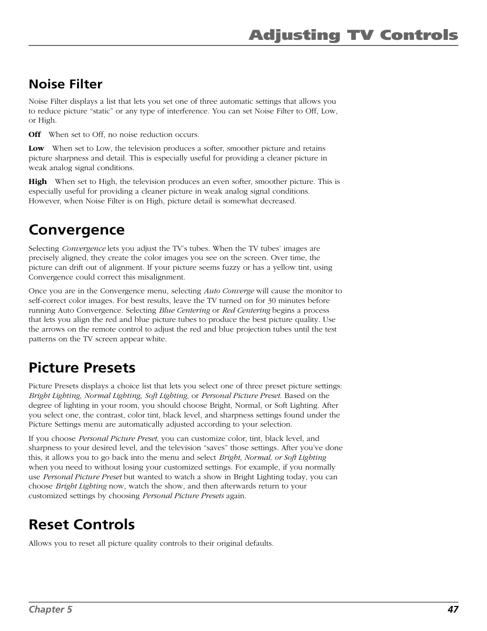 Noise filter, Convergence, Picture presets | Reset controls, Converge, Bright lighting, Normal lighting, Personal picture preset, Presets, Reset picture controls | DirecTV HD65W20 User Manual | Page 51 / 100