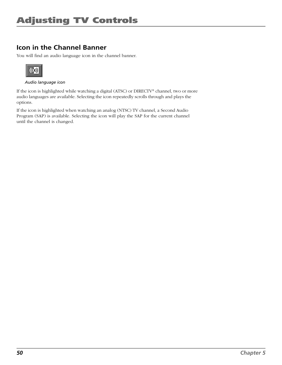 Adjusting tv controls, Icon in the channel banner | DirecTV HD65W20 User Manual | Page 54 / 100