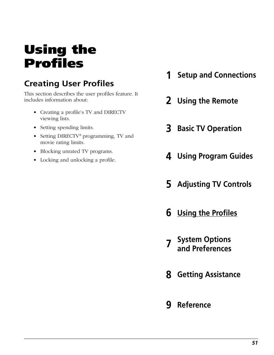 Using the profiles, Creating user profiles | DirecTV HD65W20 User Manual | Page 55 / 100