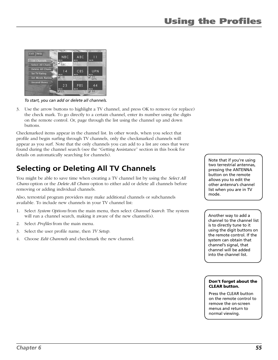 Using the profiles, Selecting or deleting all tv channels | DirecTV HD65W20 User Manual | Page 59 / 100