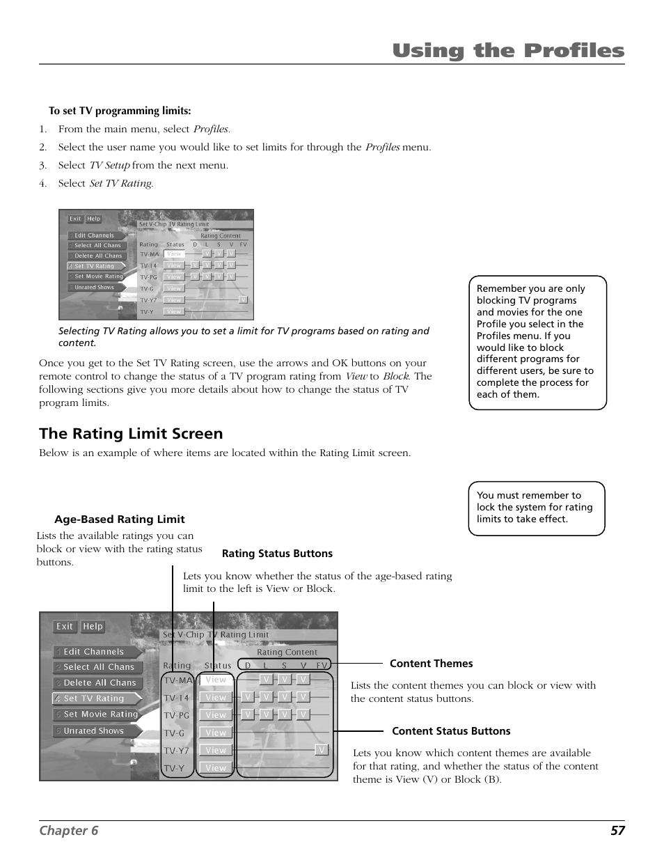Using the profiles, The rating limit screen | DirecTV HD65W20 User Manual | Page 61 / 100