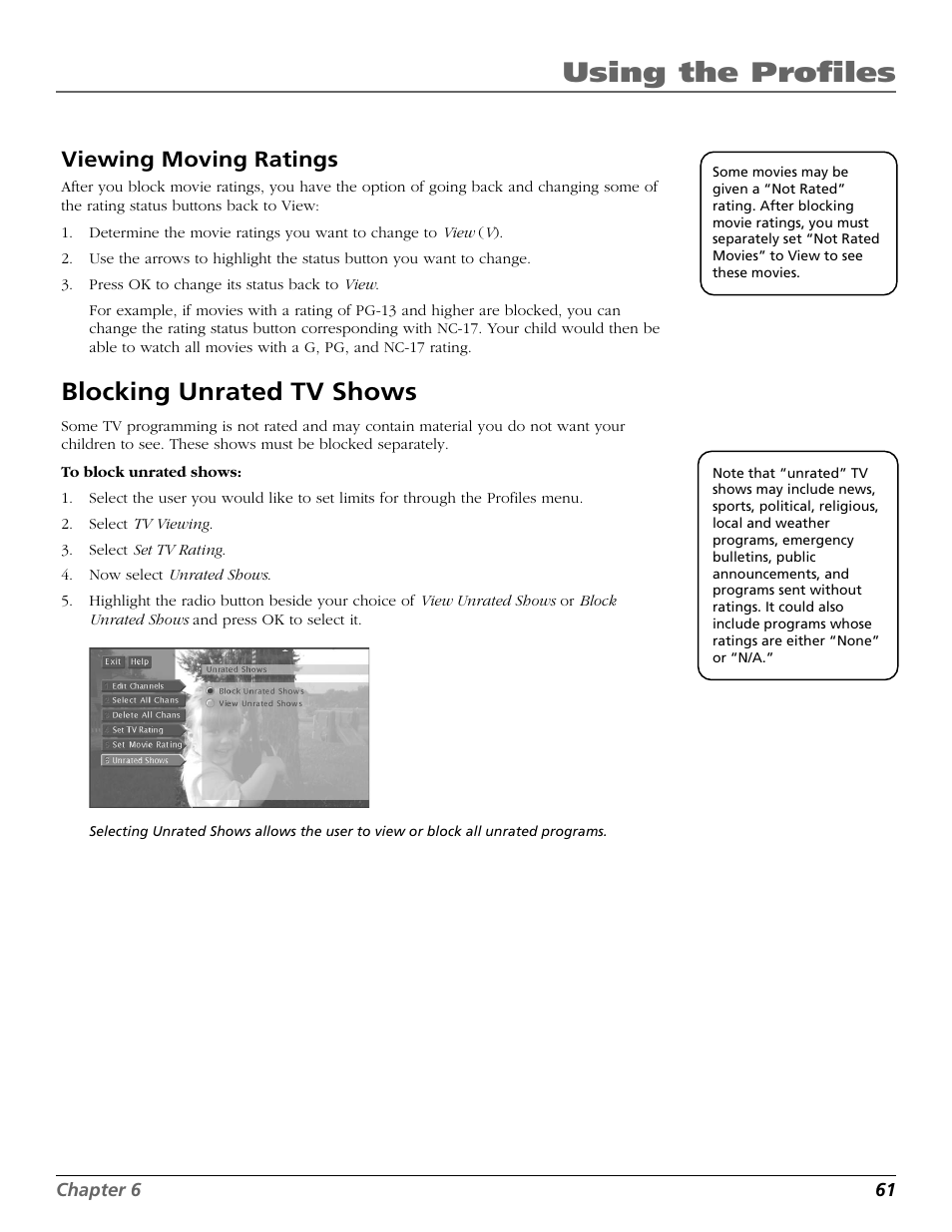 Viewing, Movies, Shows | Using the profiles, Blocking unrated tv shows, Viewing moving ratings | DirecTV HD65W20 User Manual | Page 65 / 100