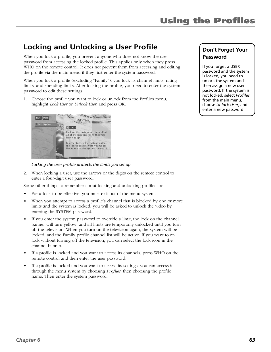 Locking and unlocking a user profile, System, User | Unlocking, Using the profiles | DirecTV HD65W20 User Manual | Page 67 / 100