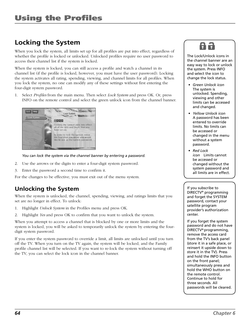 Locking the system, Of icons, Lock, unlock | Lock icon, Icons, Password, Unlock, Using the profiles, Unlocking the system | DirecTV HD65W20 User Manual | Page 68 / 100