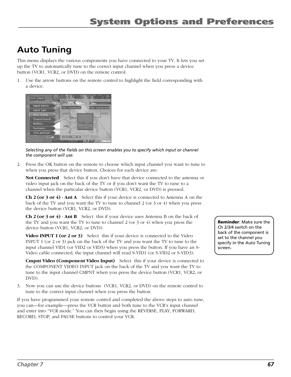Auto tuning, Tuning, System options and preferences | DirecTV HD65W20 User Manual | Page 71 / 100