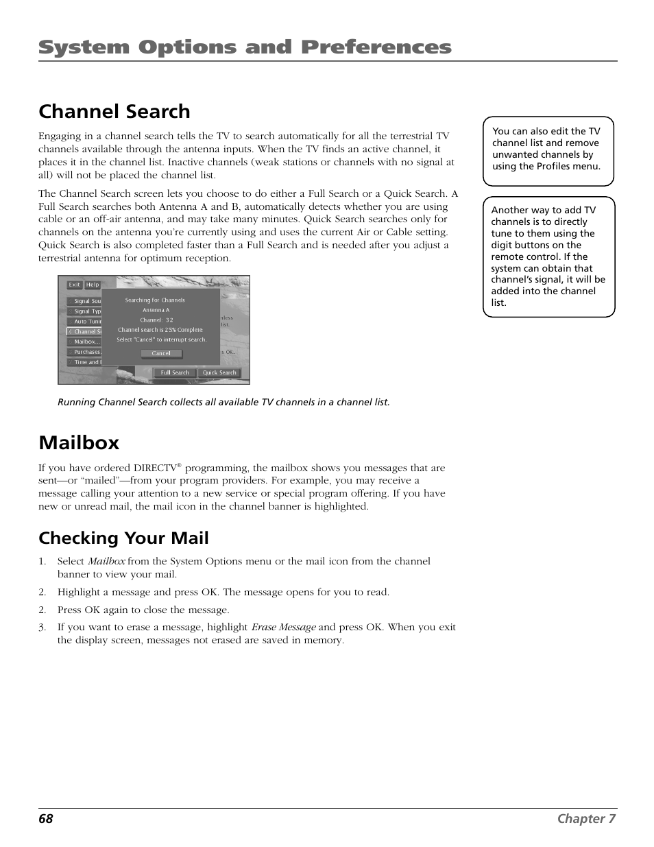 Channel search, Mailbox, Available channels | Search, Mail icon, Checking your mail, Deleting mail, Search for channels, System options and preferences | DirecTV HD65W20 User Manual | Page 72 / 100