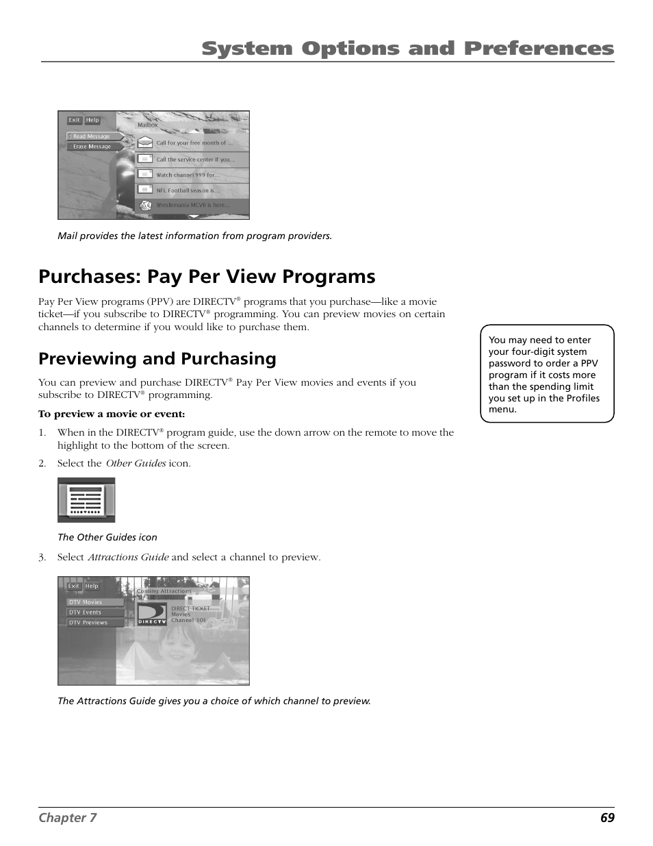 Purchases: pay per view programs, Pay per view programs, Previewing | System options and preferences, Previewing and purchasing | DirecTV HD65W20 User Manual | Page 73 / 100