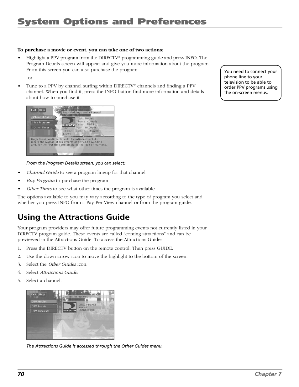 Attractions guide, Buy programs, System options and preferences | Using the attractions guide | DirecTV HD65W20 User Manual | Page 74 / 100