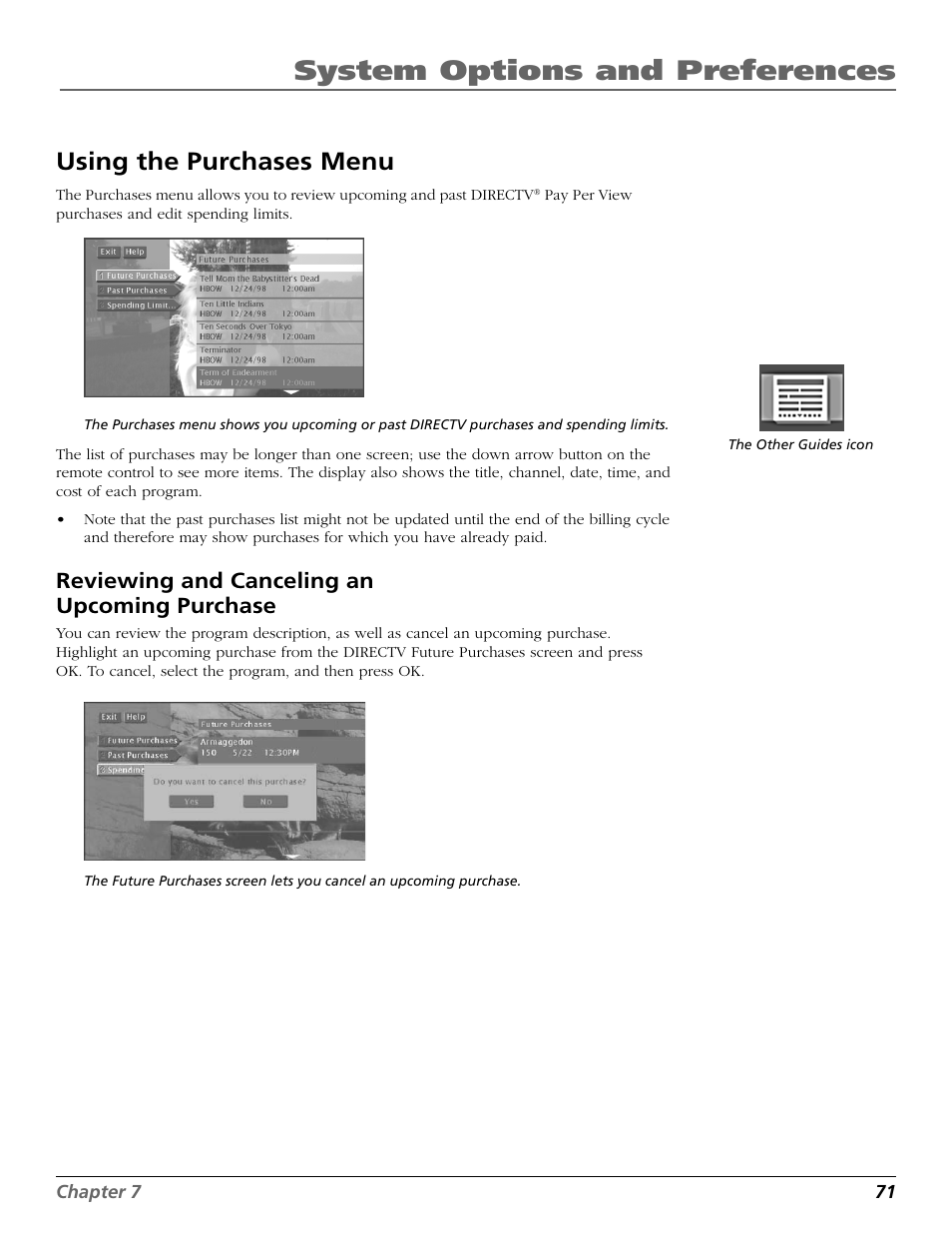 Reviewing and canceling an upcoming purchase, Canceling purchases, Cancelling | Menu, Reviewing, Reviewing purchases, System options and preferences, Using the purchases menu | DirecTV HD65W20 User Manual | Page 75 / 100