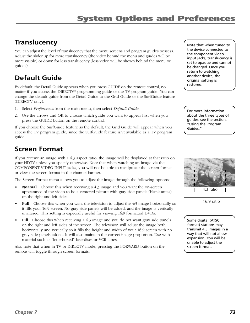 Translucency, Default guide, Screen format | Fill screen format, Full screen format, Normal screen format, System options and preferences | DirecTV HD65W20 User Manual | Page 77 / 100
