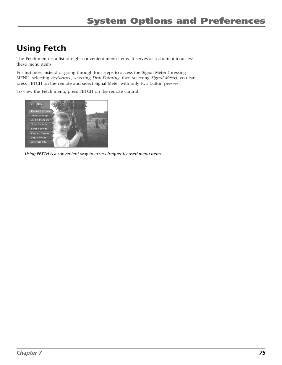 Using fetch, Using, System options and preferences | DirecTV HD65W20 User Manual | Page 79 / 100