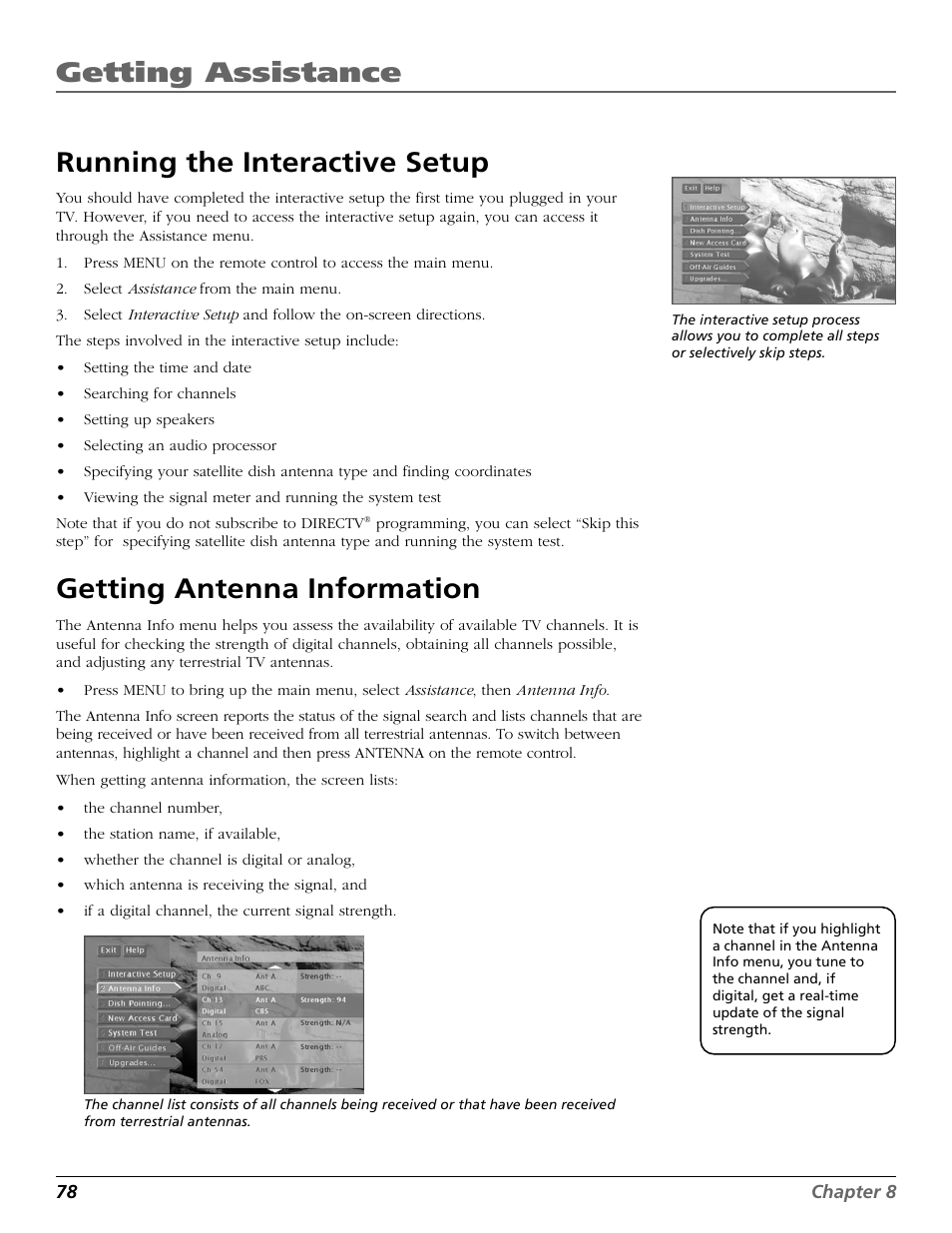 Running the interactive setup, Getting antenna information, Information | Receiving signals, Retrieving channel number, Of a digital signal, Retrieving, Getting assistance | DirecTV HD65W20 User Manual | Page 82 / 100