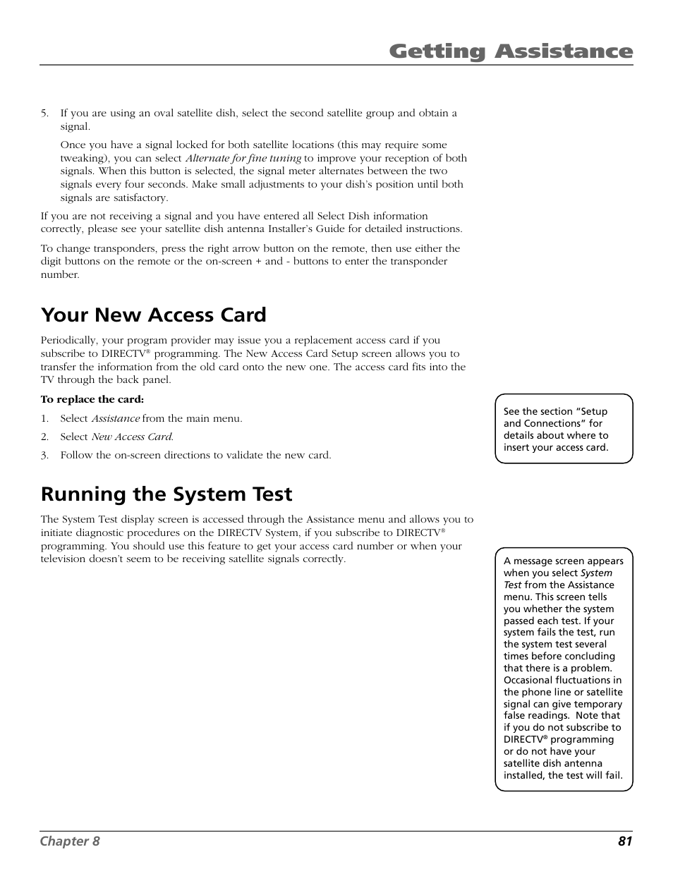 Your new access card, Running the system test, Fine tuning the dish | New access card, Test, Getting assistance | DirecTV HD65W20 User Manual | Page 85 / 100