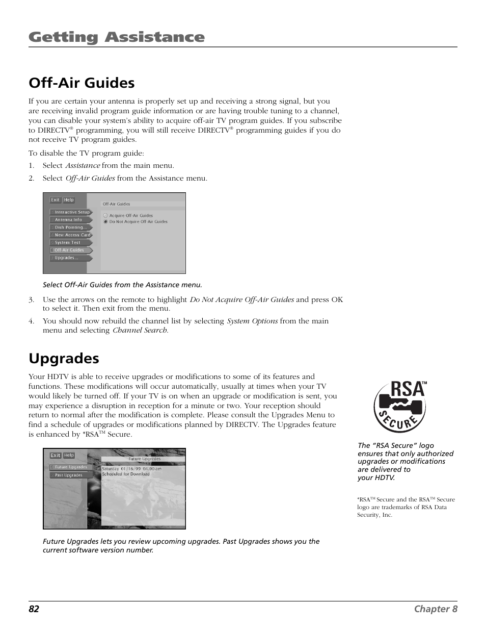 Off-air guides, Upgrades, Getting assistance | DirecTV HD65W20 User Manual | Page 86 / 100