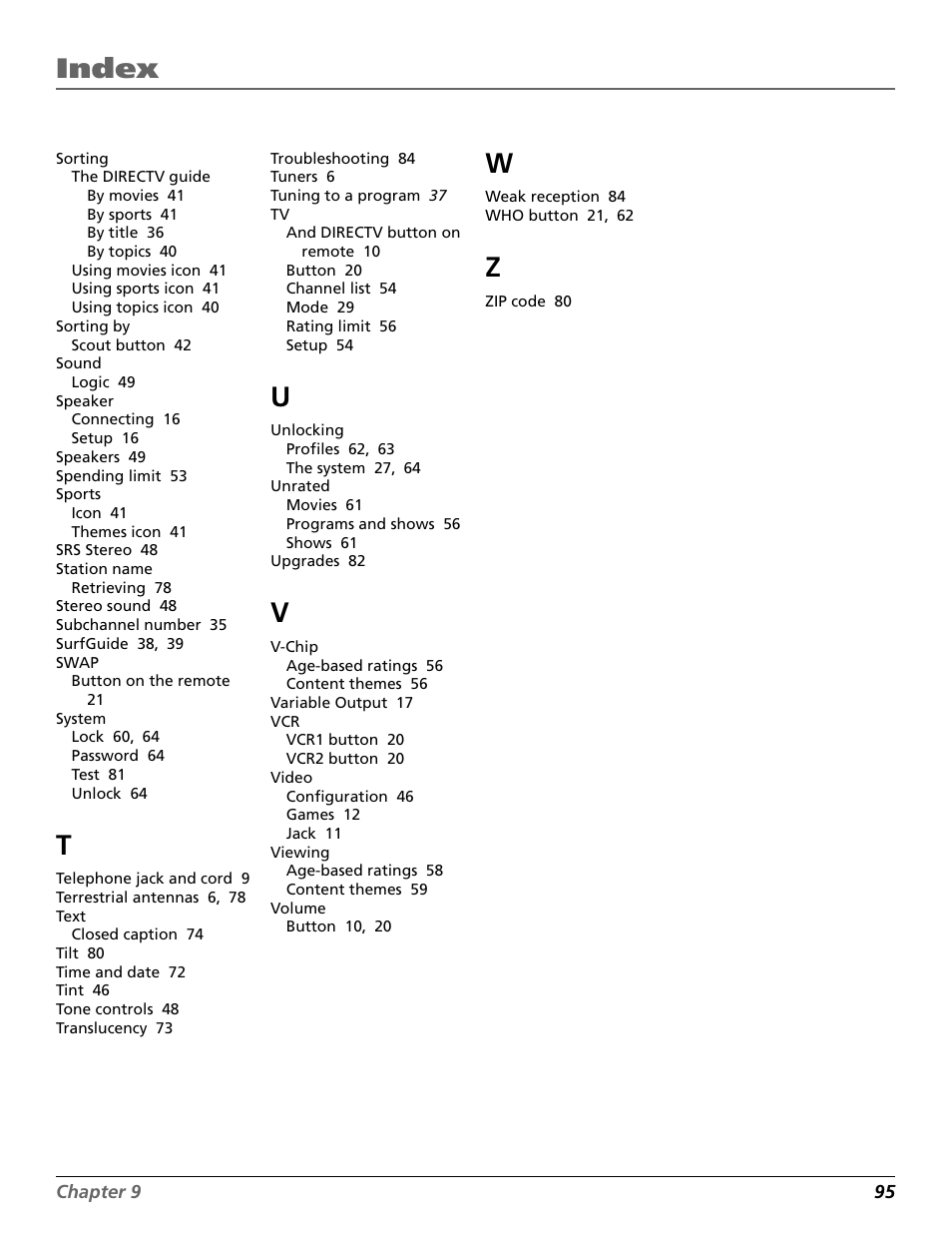 Sorting, The directv guide, Sorting by | Sound, Speaker, Sports, Station name, Swap, System, Text | DirecTV HD65W20 User Manual | Page 99 / 100