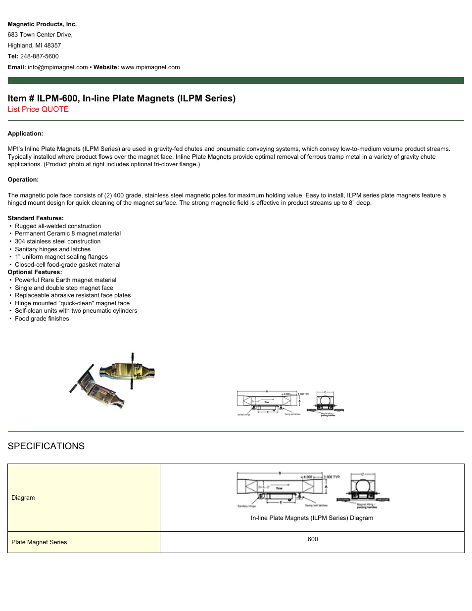 Magnetic Products ILPM-600 User Manual | 2 pages