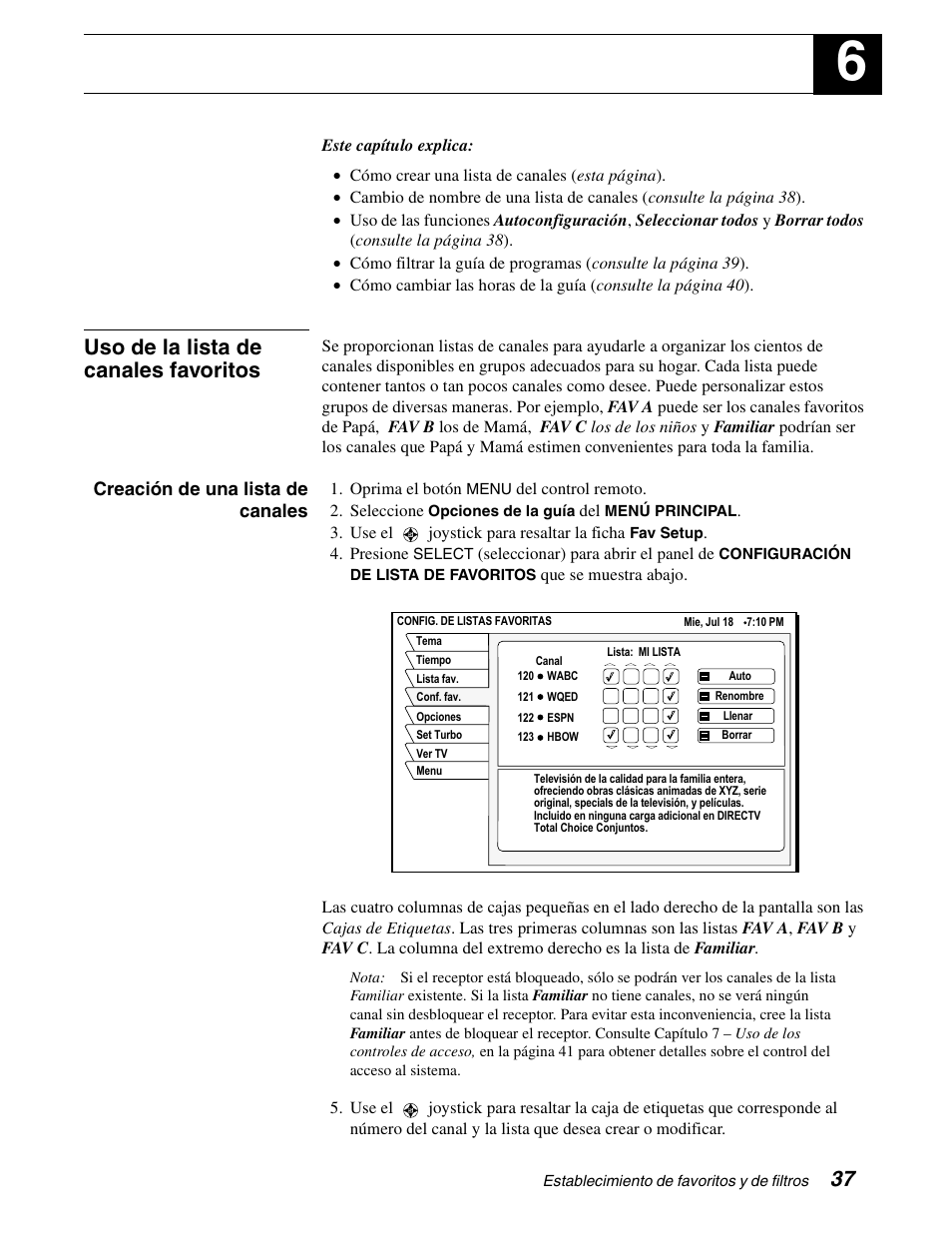 Establecimiento de favoritos y de filtros, Uso de la lista de canales favoritos | DirecTV GCEB0 User Manual | Page 100 / 119