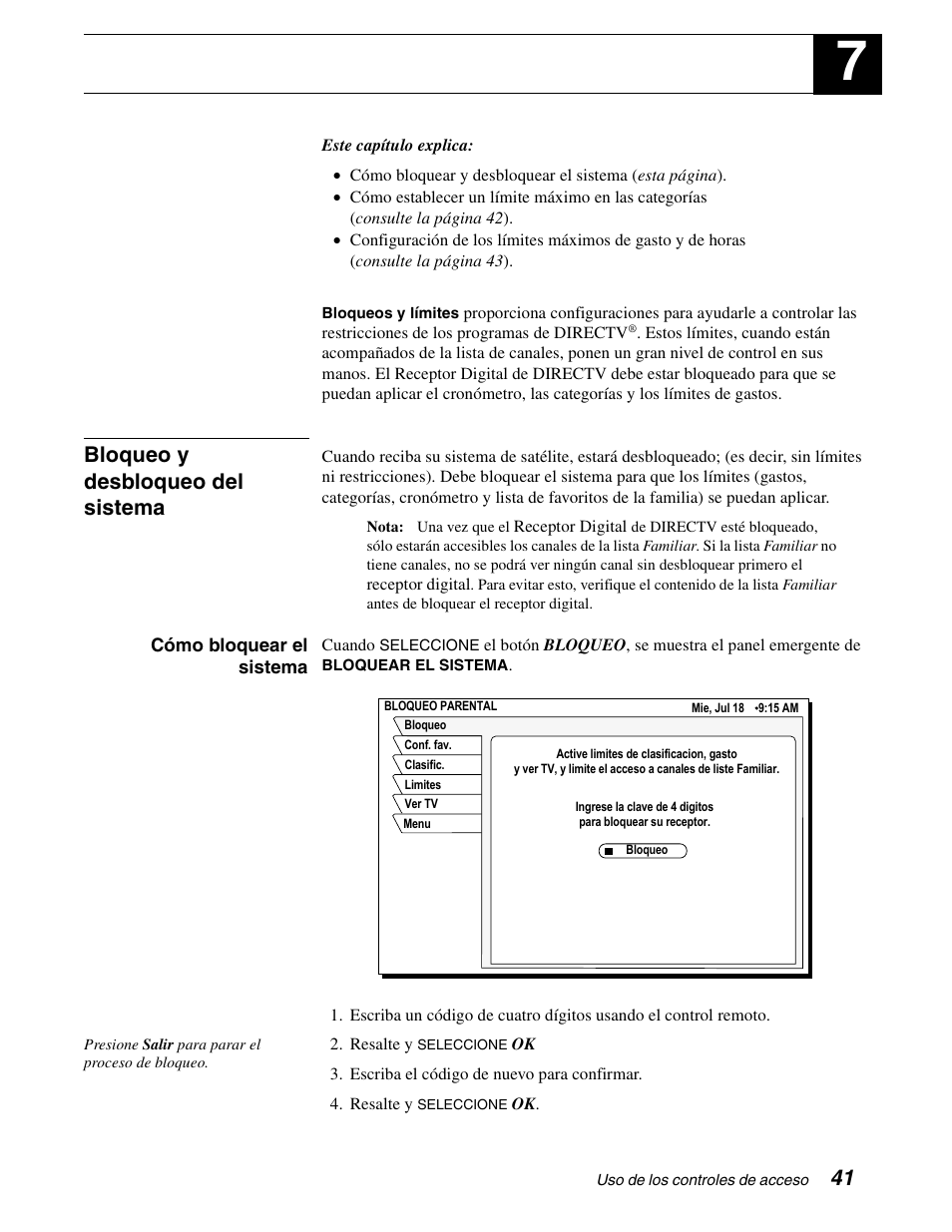 Uso de los controles de acceso, Bloqueo y desbloqueo del sistema | DirecTV GCEB0 User Manual | Page 104 / 119