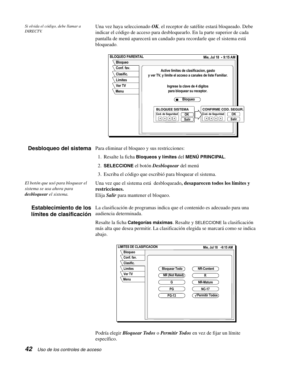 Desbloqueo del sistema, Establecimiento de los límites de clasificación | DirecTV GCEB0 User Manual | Page 105 / 119