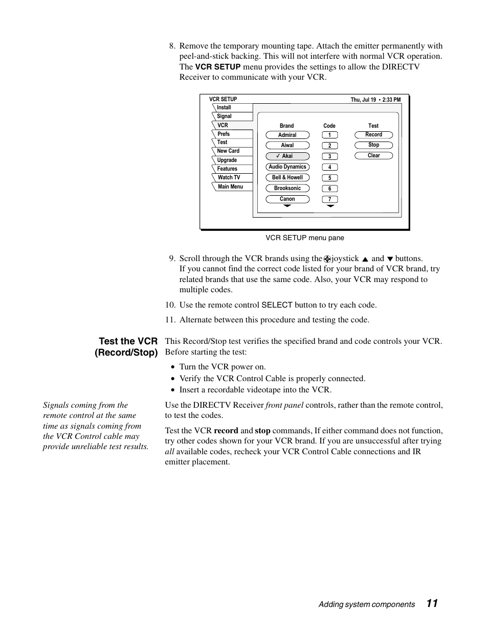 Test the vcr (record/stop) | DirecTV GCEB0 User Manual | Page 18 / 119