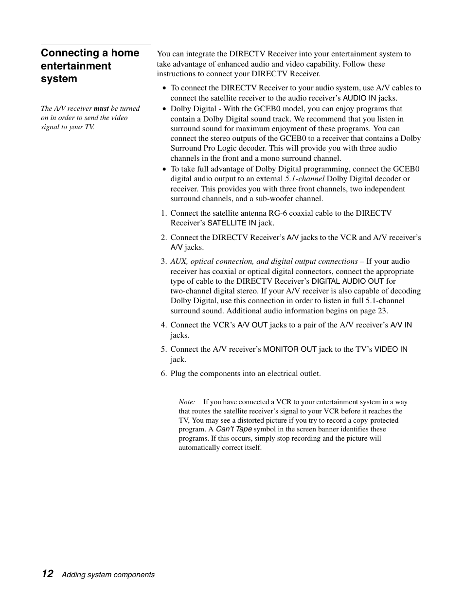 Connecting a home entertainment system | DirecTV GCEB0 User Manual | Page 19 / 119
