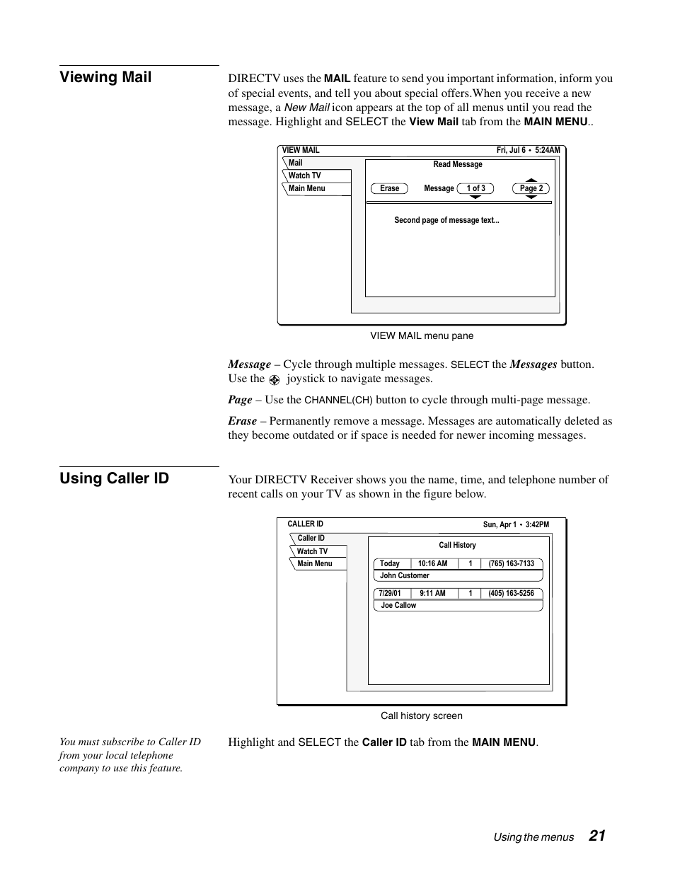 21 viewing mail, Using caller id | DirecTV GCEB0 User Manual | Page 28 / 119