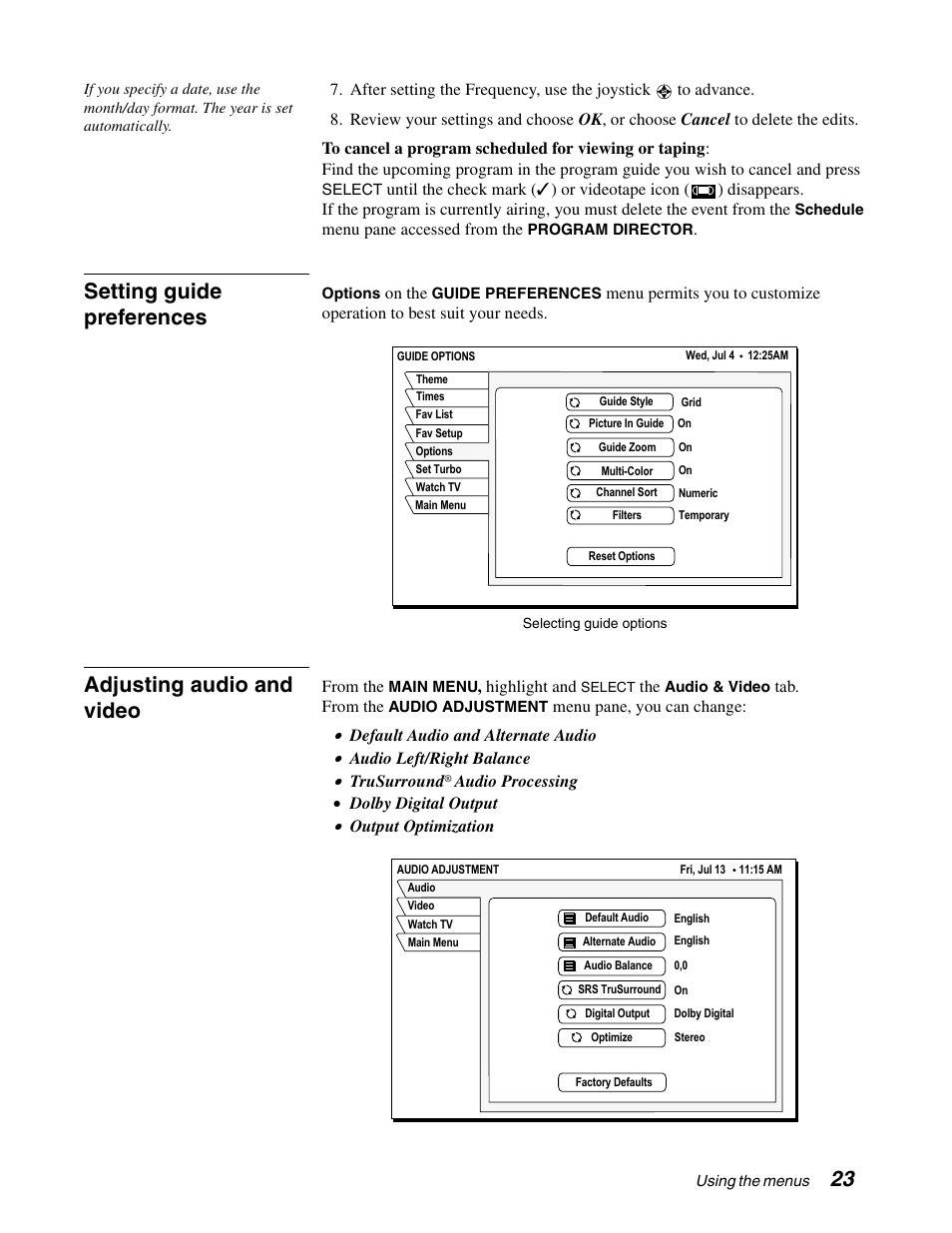 Setting guide preferences, Adjusting audio and video | DirecTV GCEB0 User Manual | Page 30 / 119