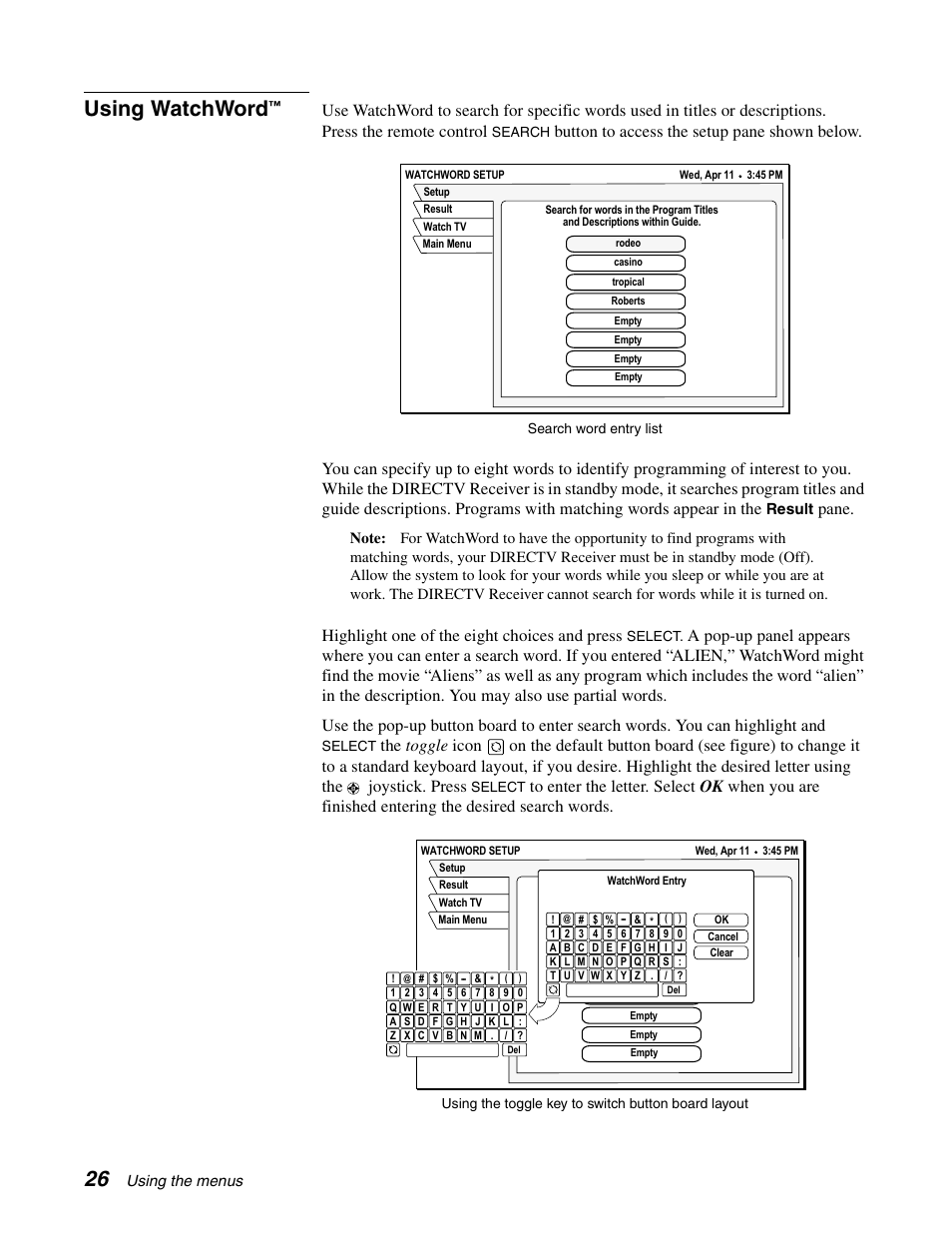 Using watchword, Pane, Highlight one of the eight choices and press | DirecTV GCEB0 User Manual | Page 33 / 119