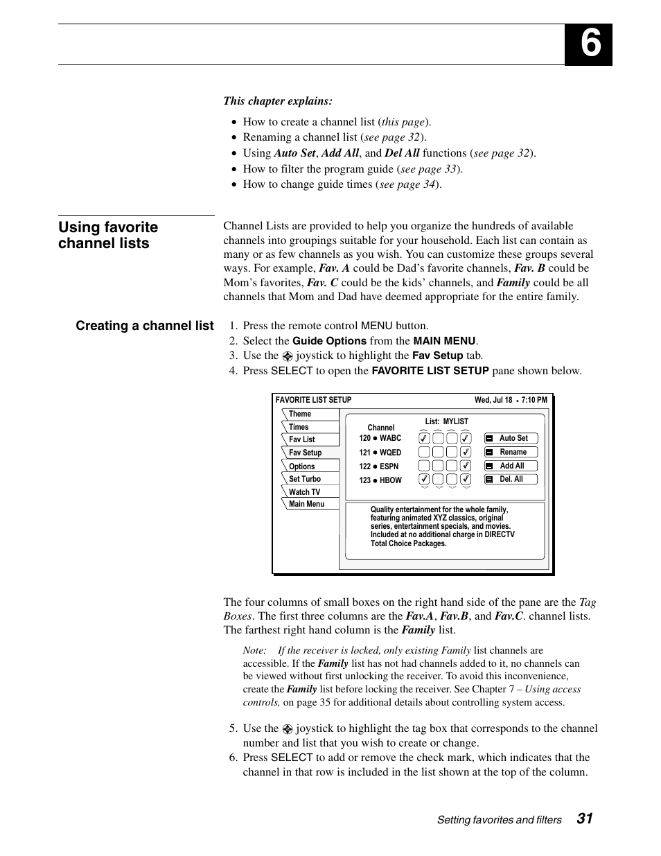 Setting favorites and filters, Using favorite channel lists | DirecTV GCEB0 User Manual | Page 38 / 119