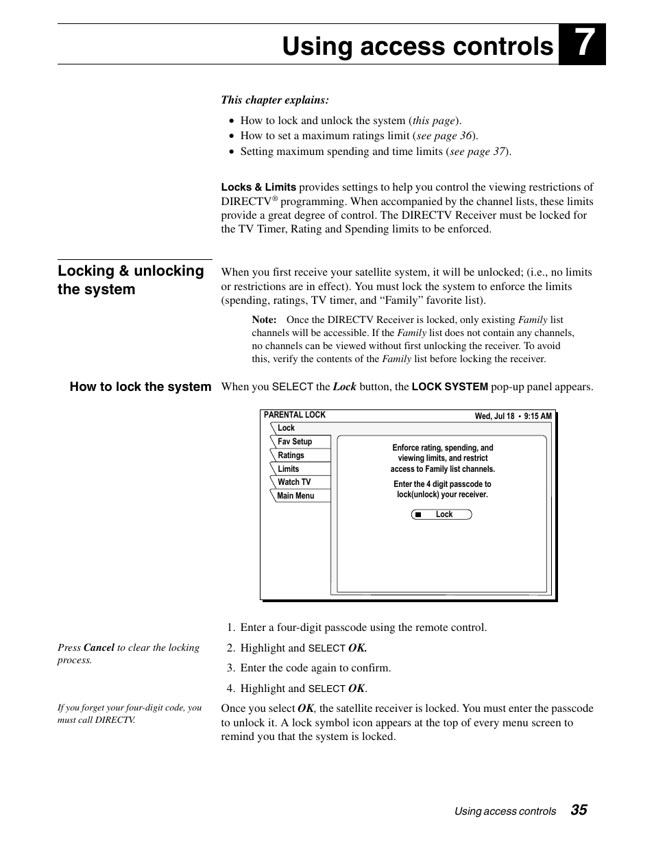 Using access controls, Locking & unlocking the system | DirecTV GCEB0 User Manual | Page 42 / 119