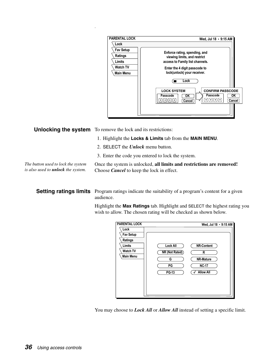 Unlocking the system, Setting ratings limits | DirecTV GCEB0 User Manual | Page 43 / 119
