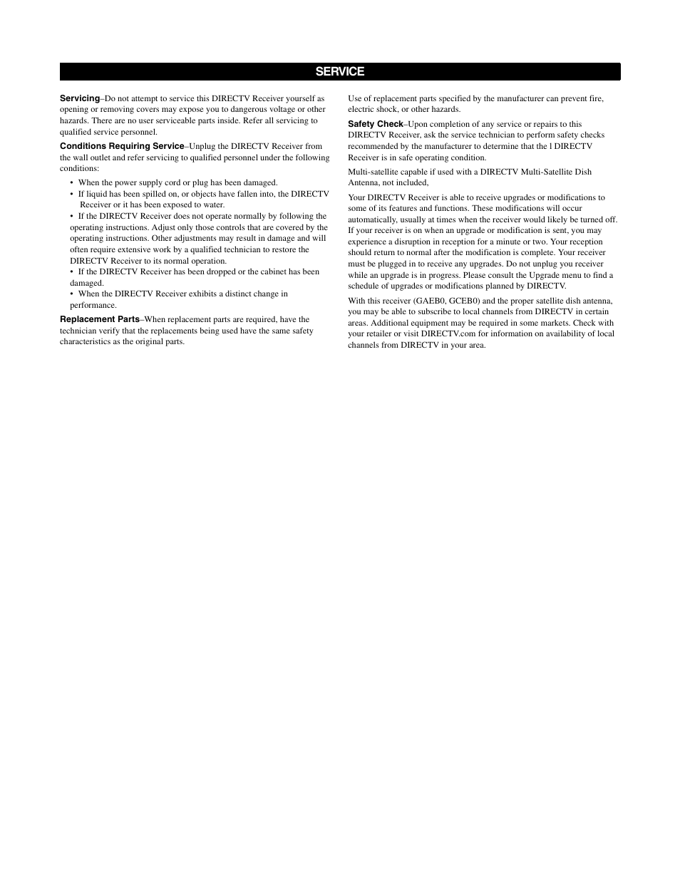 Service | DirecTV GCEB0 User Manual | Page 5 / 119