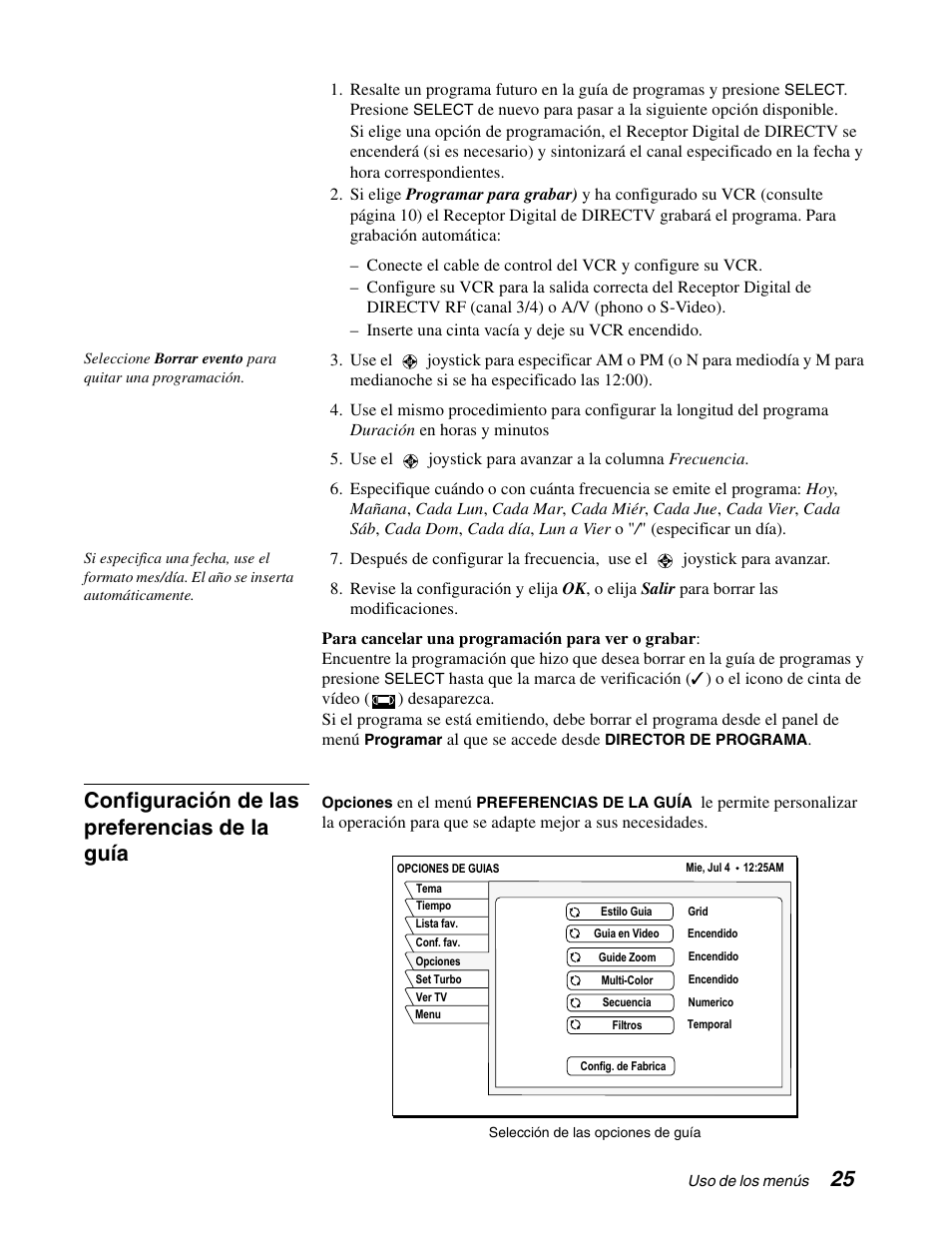 Configuración de las preferencias de la guía | DirecTV GCEB0 User Manual | Page 88 / 119
