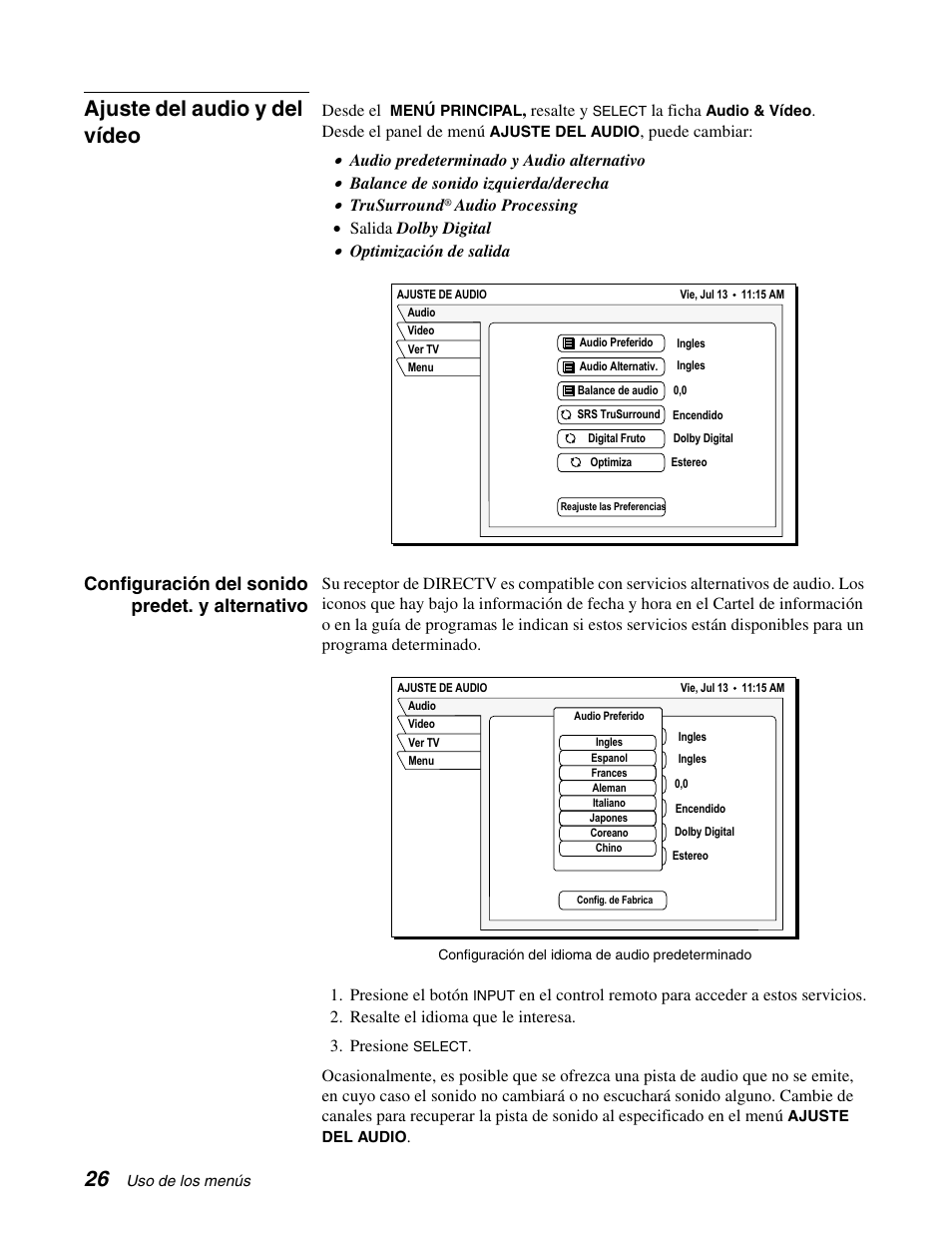 Ajuste del audio y del vídeo, Configuración del sonido predet. y alternativo | DirecTV GCEB0 User Manual | Page 89 / 119
