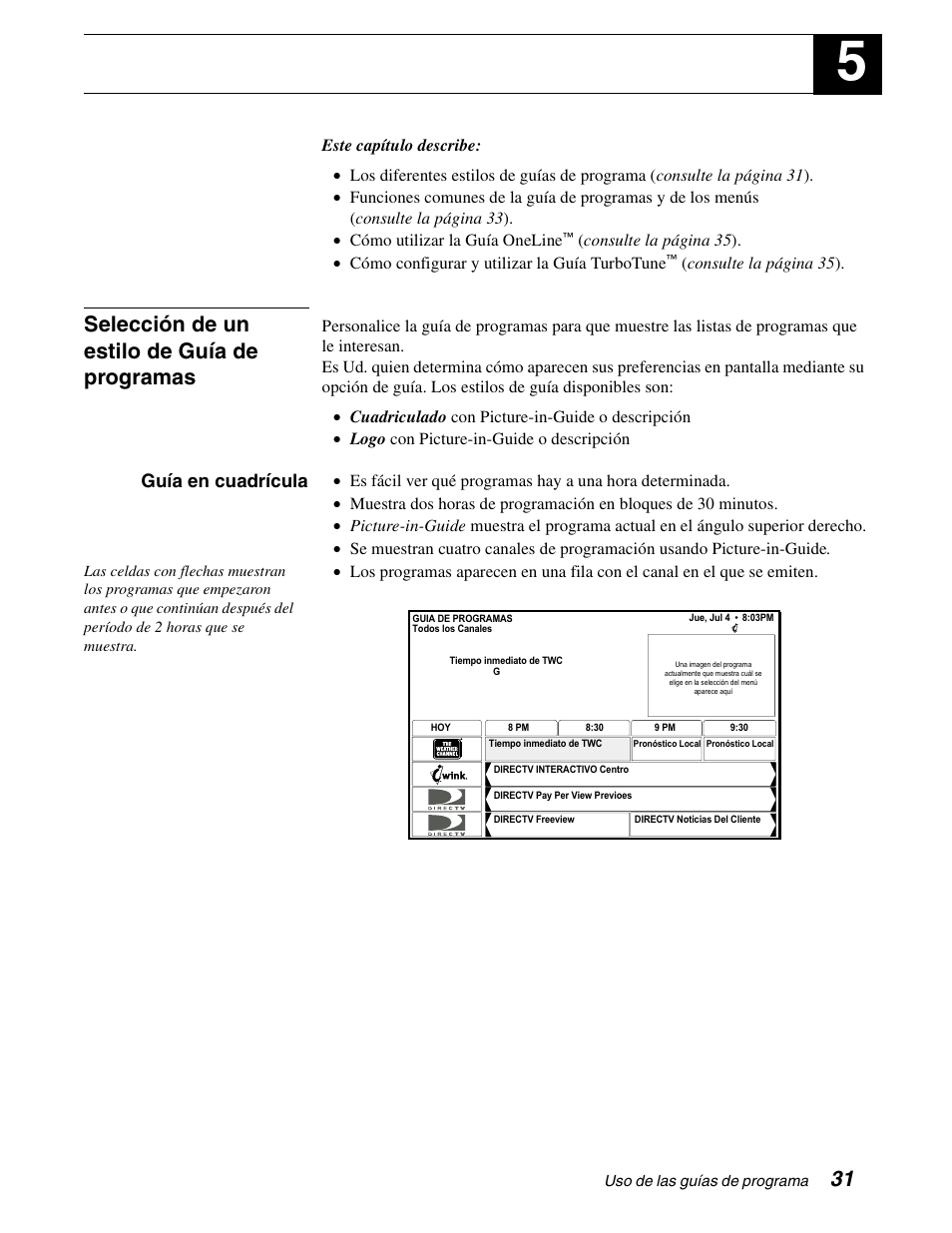 Uso de las guías de programa, Selección de un estilo de guía de programas, Guía en cuadrícula | DirecTV GCEB0 User Manual | Page 94 / 119