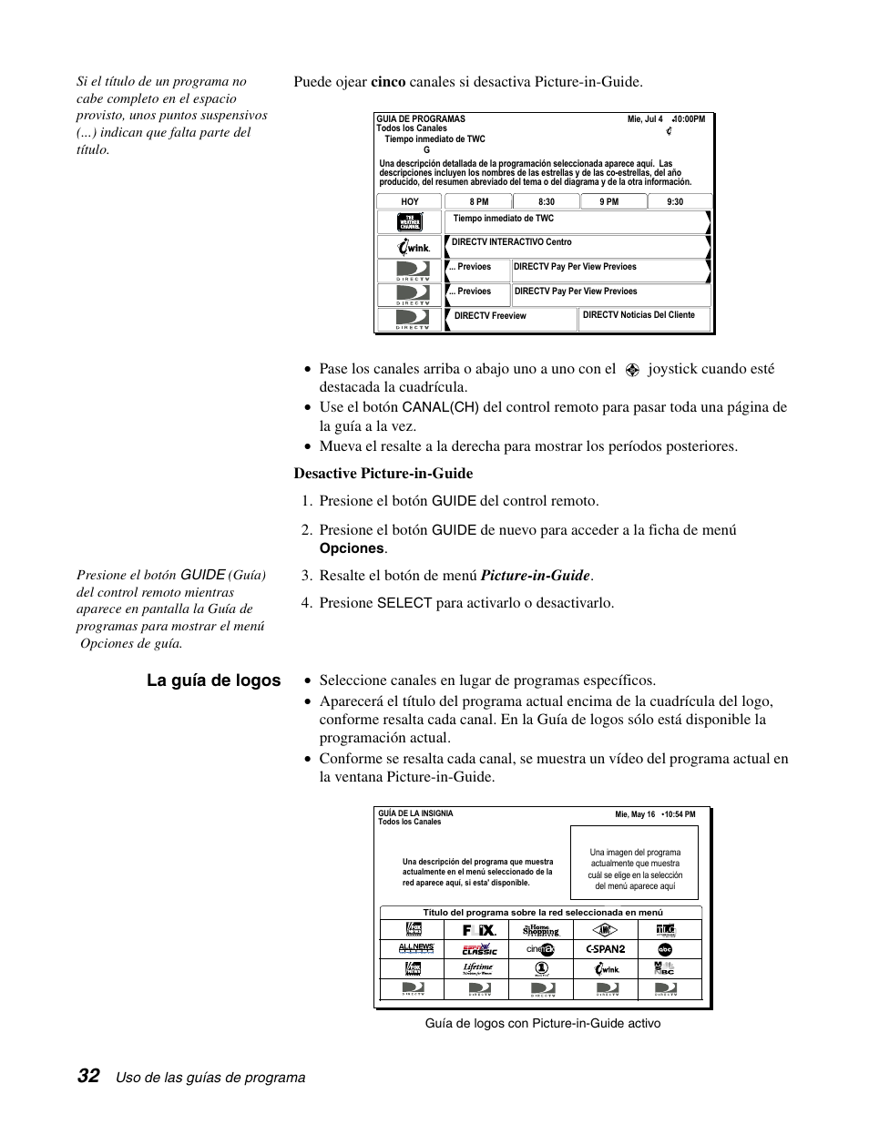 La guía de logos, Del control remoto. 2. presione el botón, De nuevo para acceder a la ficha de menú | Para activarlo o desactivarlo | DirecTV GCEB0 User Manual | Page 95 / 119