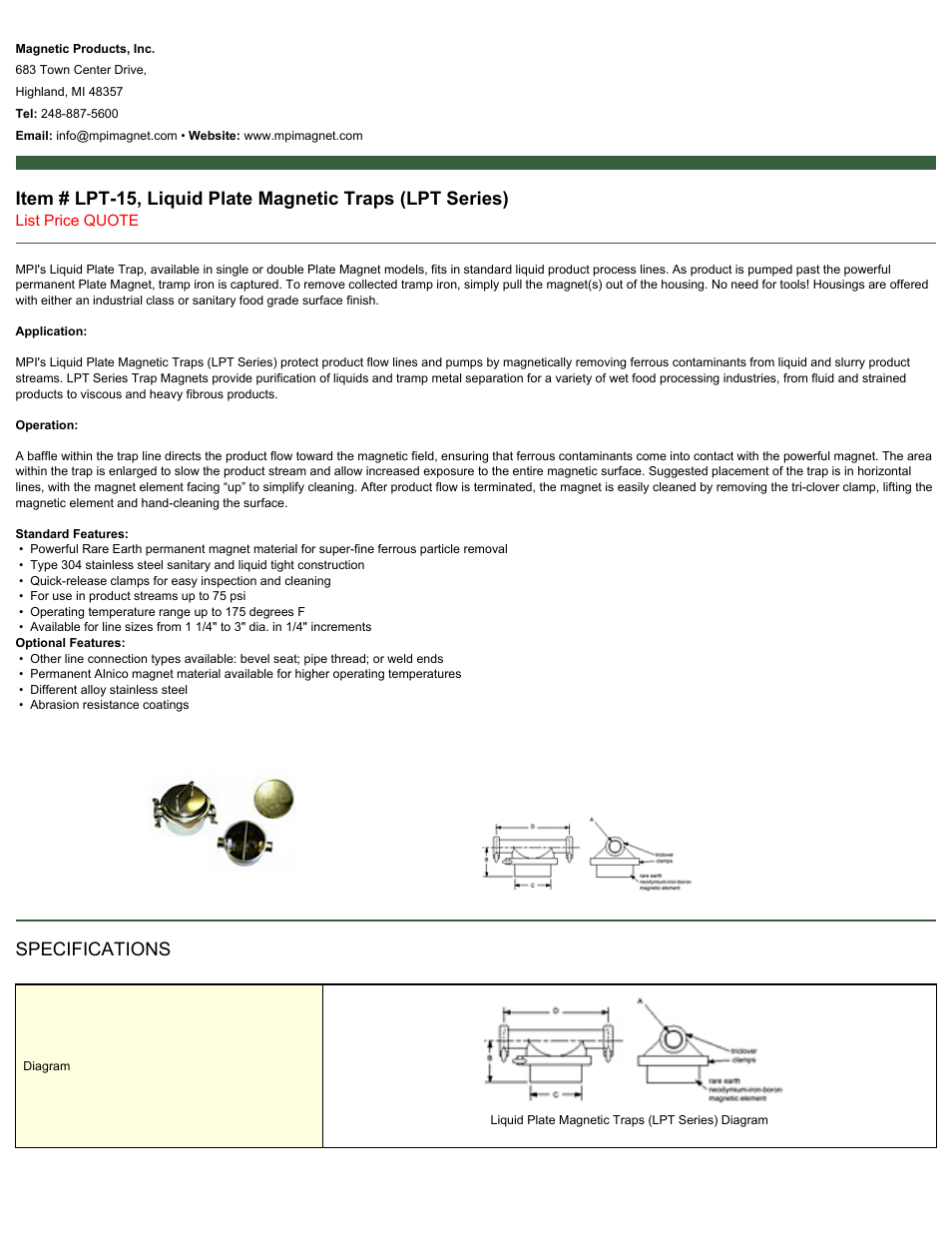 Magnetic Products LPT-15 User Manual | 2 pages