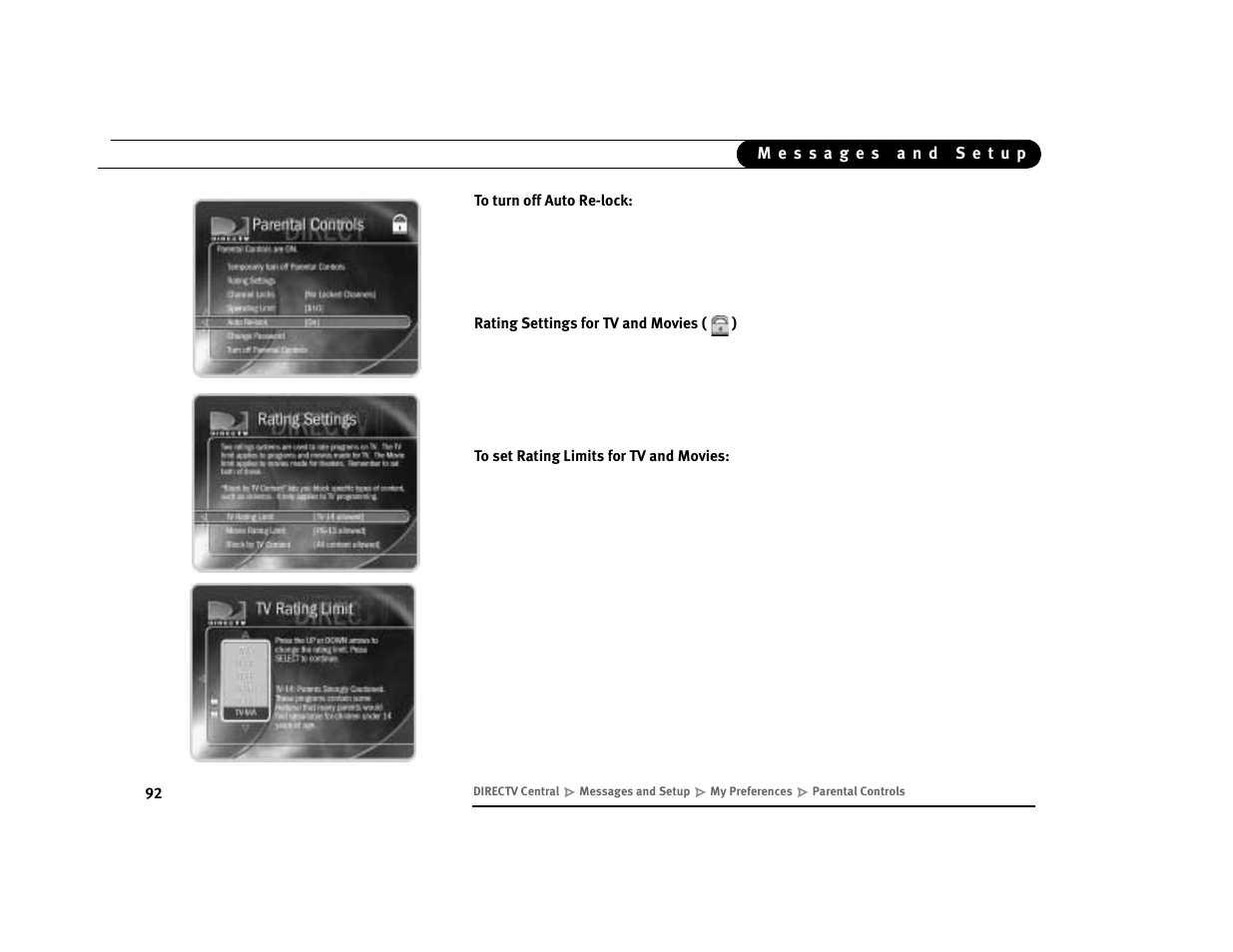 Rating settings for tv and movies () | DirecTV Digital Satellite Recorder User Manual | Page 103 / 176