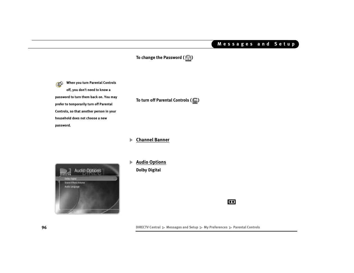 Channel banner, Audio options | DirecTV Digital Satellite Recorder User Manual | Page 107 / 176