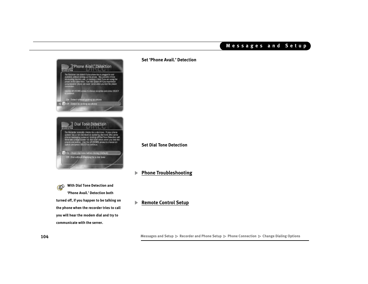 Phone troubleshooting, Remote control setup | DirecTV Digital Satellite Recorder User Manual | Page 115 / 176