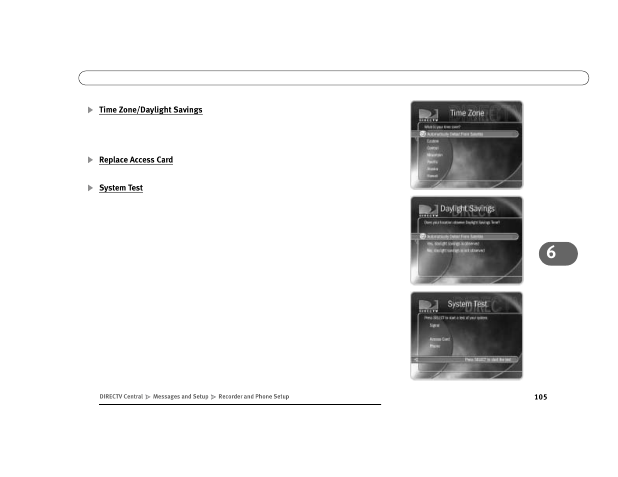 Time zone/daylight savings, Replace access card, System test | DirecTV Digital Satellite Recorder User Manual | Page 116 / 176