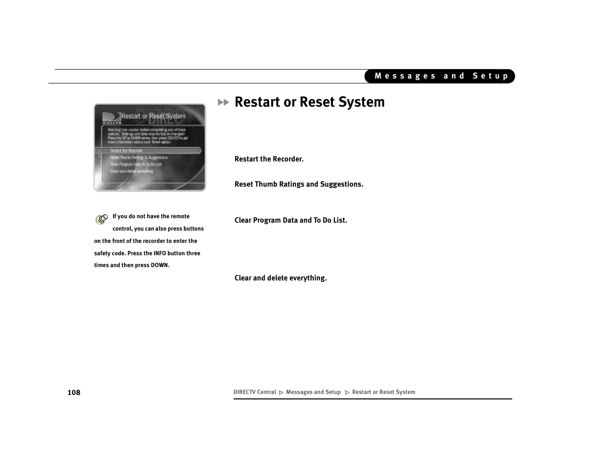 Restart or reset system | DirecTV Digital Satellite Recorder User Manual | Page 119 / 176