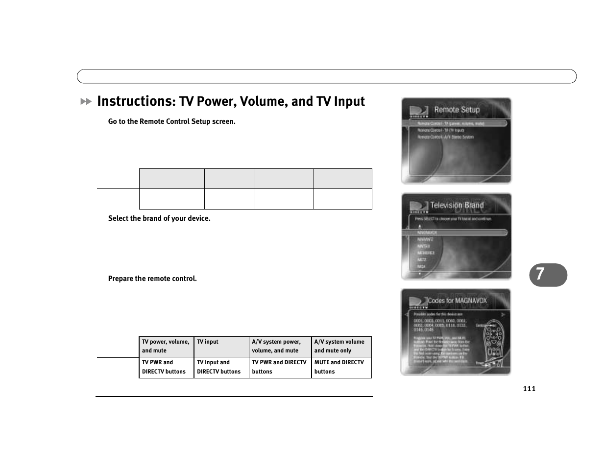 Instructions: tv power, volume, and tv input, Instructions, Tv power, volume, and tv input | DirecTV Digital Satellite Recorder User Manual | Page 122 / 176