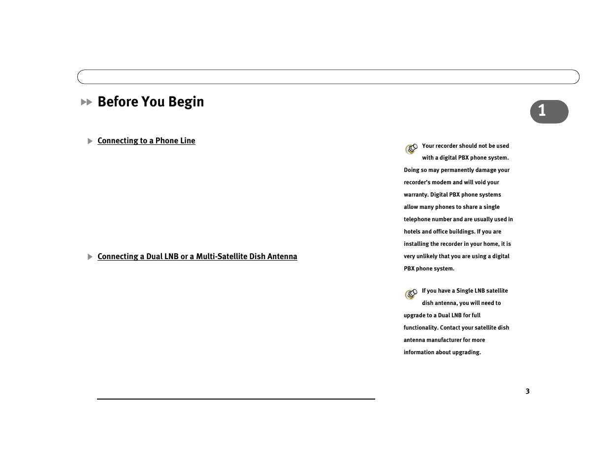 Before you begin, Connecting to a phone line | DirecTV Digital Satellite Recorder User Manual | Page 14 / 176