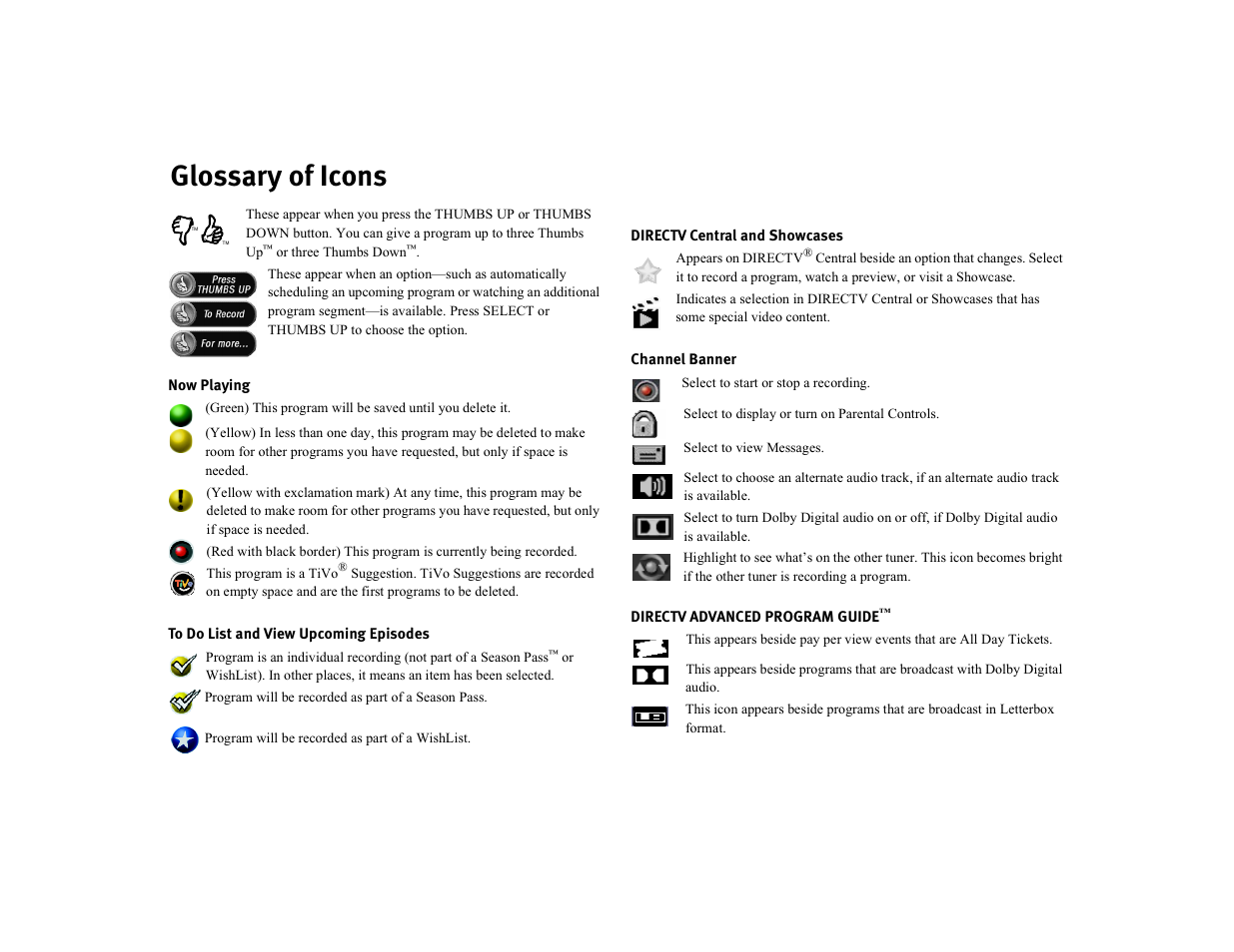 Glossary of icons | DirecTV Digital Satellite Recorder User Manual | Page 176 / 176